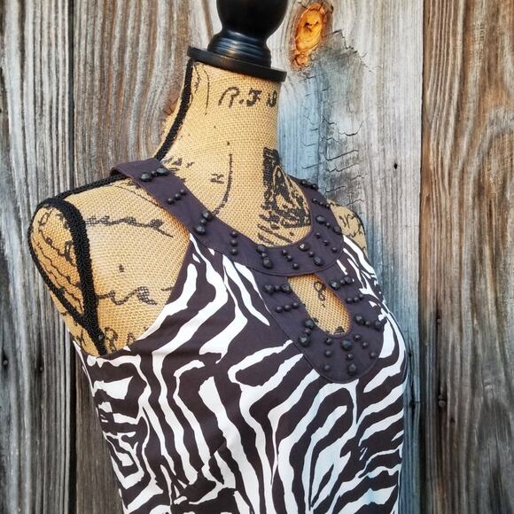 Zebra Print Dress LOFT Size 0 Brown White Stretch Sleeveless Beaded Collar - Picture 1 of 9